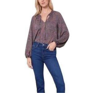 Evereve Blouse Womens XS Artsy Boho Corpcore Green Pink Kyra Paisley Smocked